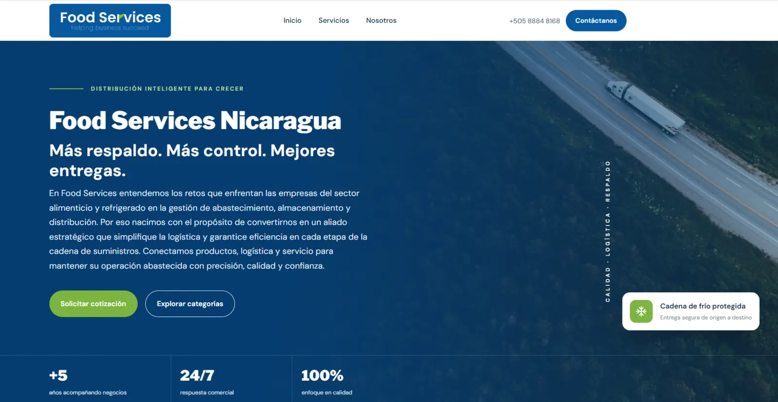 Página principal del sitio web de Food Services Nicaragua.